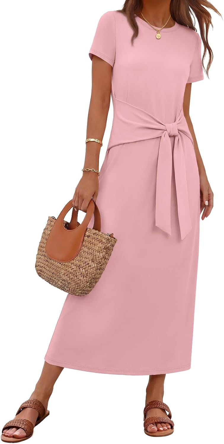 MEROKEETY Women's Summer T Shirt Casual Work Wrap Maxi Dresses | 2026 Fall, Tie Waist, Short Sleeve, Crew Neck, Business Casual, Beach Vacation, Slim Fit, High Waist, Elegant, Long Dress