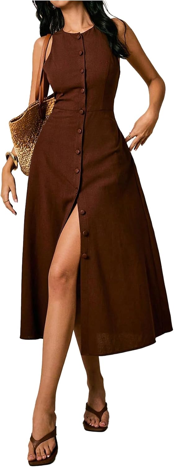 WDIRARA Women's Button Down Sleeveless Linen Midi Dress | Crew Neck, Tie Back, with Pockets, Vintage 60s, Office Work Dress
