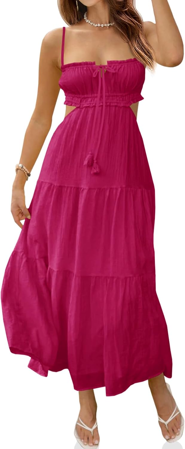 Fisoew Women's Spaghetti Strap Maxi Dress Summer Backless Cut Out Dresses | Flowy Long Dress,Adjustable Straps,Sexy Look,Sundresses,Casual,Vacation,Beach,Picnic,Date,Travel,Cruise,Breathable Fabric
