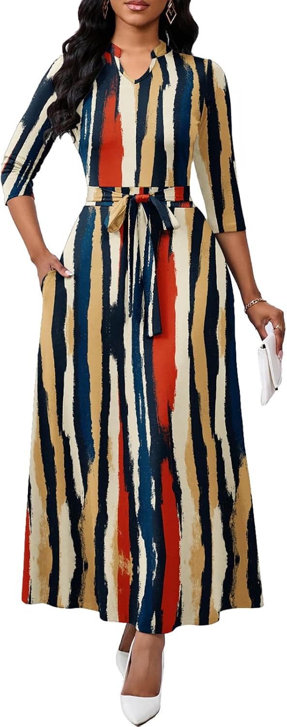 BubFee Maxi Dresses for Women Semi Formal Long Dress 3\/4 Sleeve Casual A-line Church Dresses with Pockets