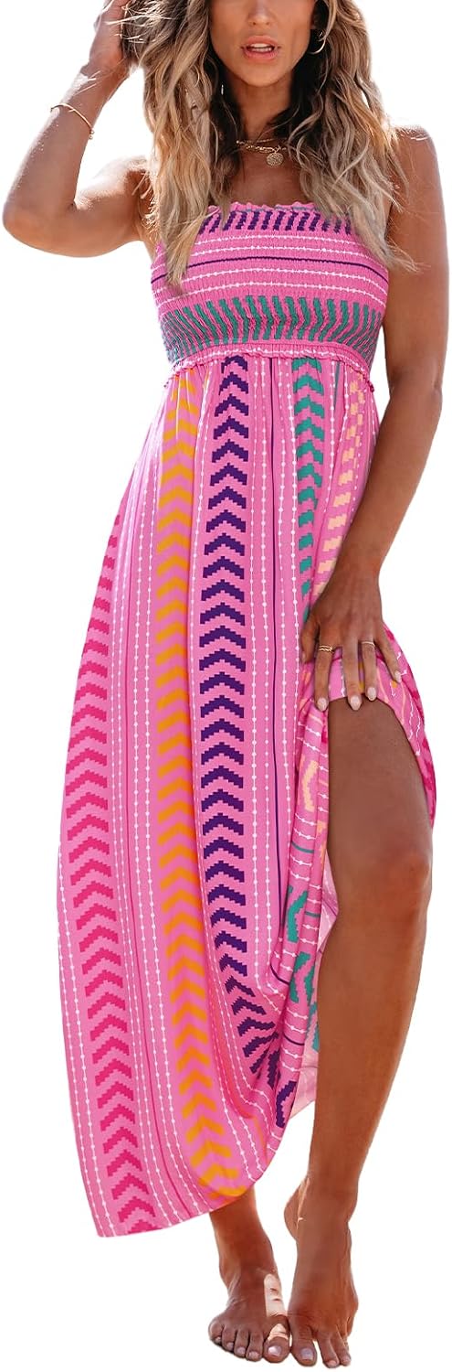 CUPSHE Women Maxi Summer Dress 2026 Floral Flowy Sundress | Spaghetti Straps Smocked Beachwear, Sleeveless, Empire Waist A Line Long Dresses, Boho Vacation Outfit, Fashion Clothes