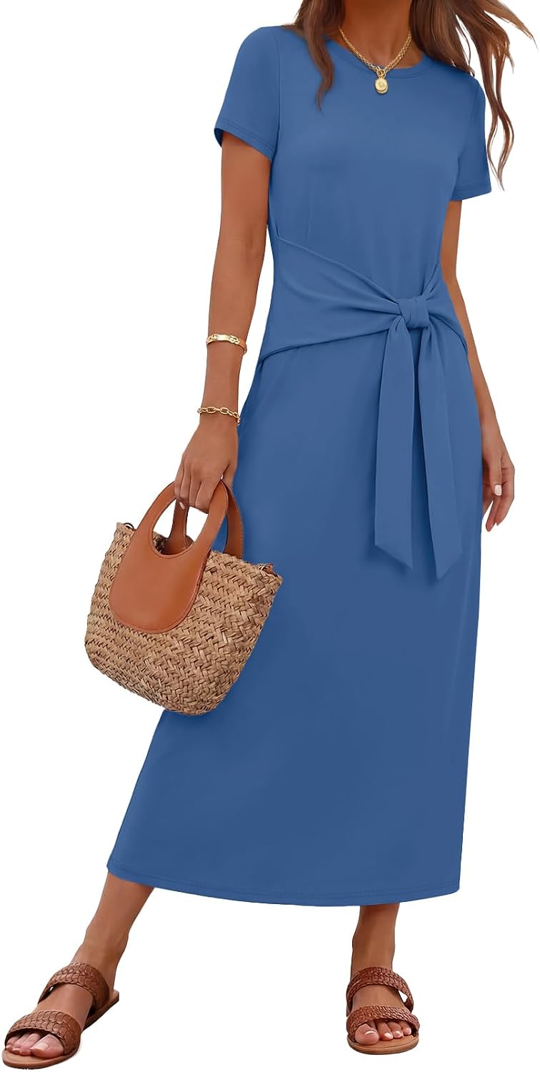 MEROKEETY Women's Summer T Shirt Casual Work Wrap Maxi Dresses | 2026 Fall, Tie Waist, Short Sleeve, Crew Neck, Business Casual, Beach Vacation, Slim Fit, High Waist, Elegant, Long Dress