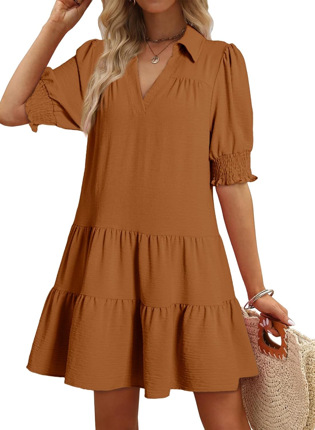 Dokotoo Casual Dresses Lapel Collared Pleated 2026 Midi Summer Dresses | Summer Fall Outfits,V Neck,Lapel Collared,Mid Sleeved,Boho Sundress,Baby Doll Dresses,Vacation,with Pockets,Loose Fit