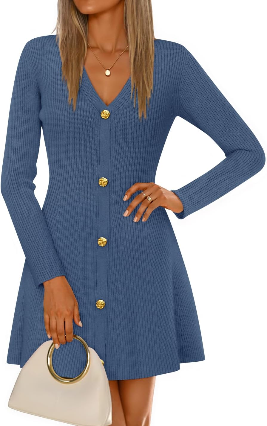 ZESICA Women's Fall Winter Long Sleeve V Neck Sweater Mini Dress | A Line Swing, Soft Ribbed Knit, Deco Button, Cocktail Party Short Dresses, Casual, Work, Office Outfits, Elegant Classy