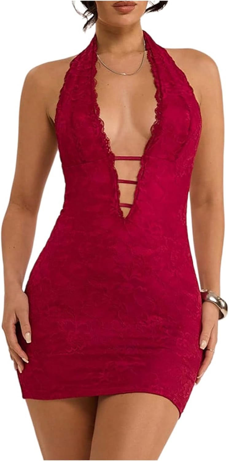 SweatyRocks Women's Sexy Lace Backless Halter Mini Dress Bodycon Club Dress | Lace Floral Sleeveless Open Back Bodycon Cut Out Dresses for Women, Night Out Rave Festival Concert Outfits