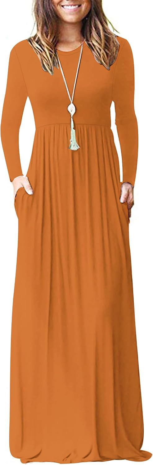 AUSELILY Womens Long Sleeve Maxi Dress Casual Empire Waist with Pockets | Versatile year round long dress for spring, fall, winter, available in floral prints and solids