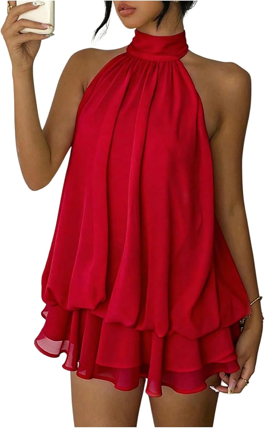 GORGLITTER Women's Halter Mini Dress Chiffon Wedding Guest Brunch Outfits | Ruffle Tiered, Open Back Backless, Cocktail Party Western Short Dress, Sexy Going Out Outfits