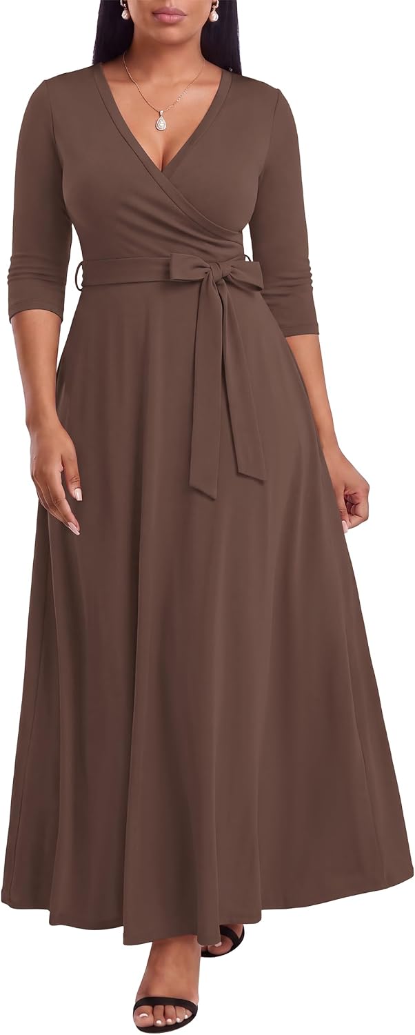 FANDEE Plus Size Maxi Dress for Women - Summer Long Dresses Casual | Women's Curvy Fit Long Dress, Semi\u2011Formal Print Fitted Wrap Dress with Pockets & Belt, 3\/4-Sleeve V-Neck