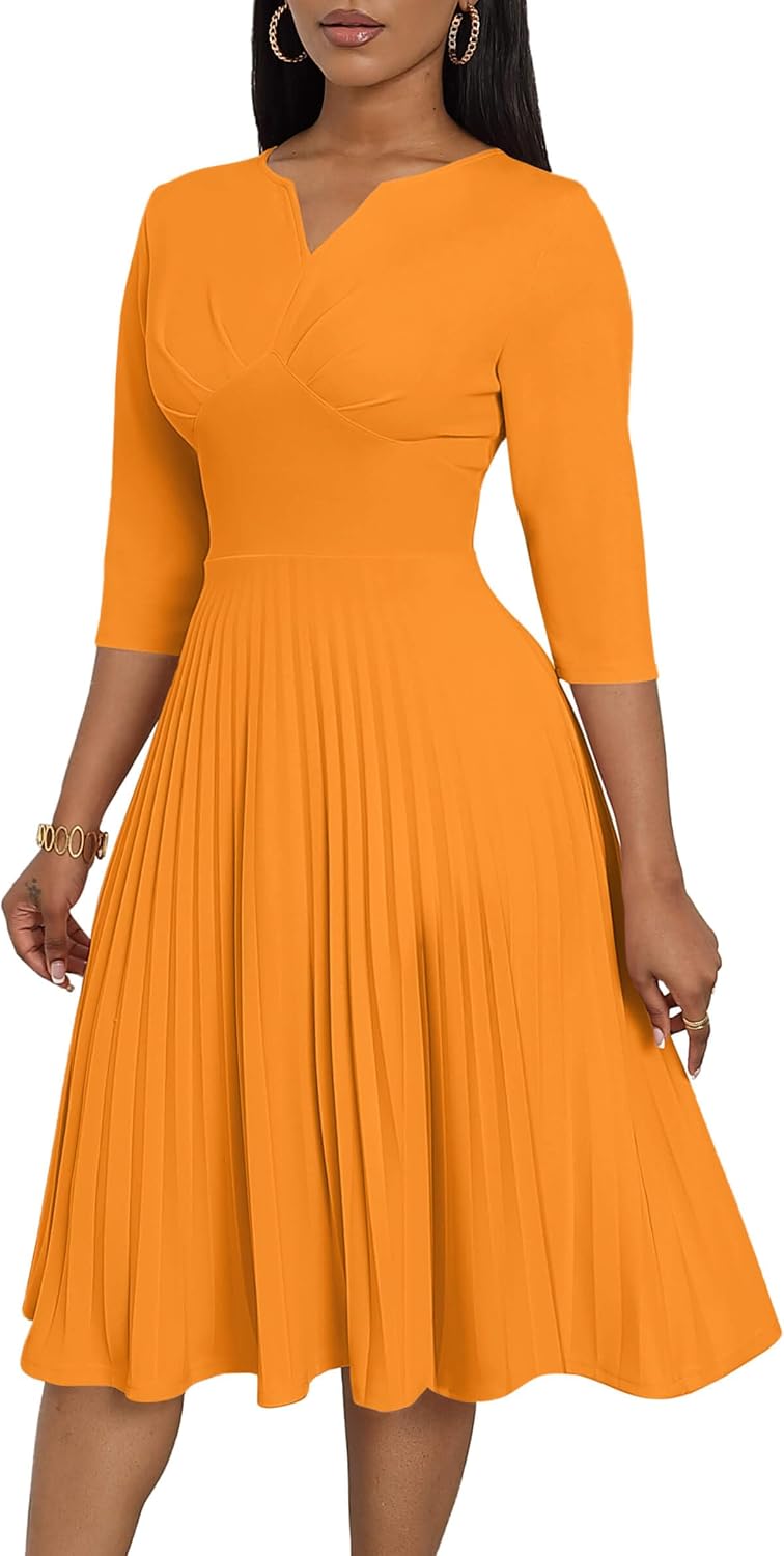 CLOCOR Pleated Midi Dress 3\/4 Sleeve Empire Waist Church Dress with Pockets | V neck back zipper A line fit and flare elegant dress\/ cocktail tea party wedding guest casual bussiness work office dress