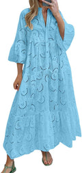 chouyatou Women's 2026 Lace Eyelet Embroidery Maxi Dress V-Neck Trumpet Sleeve Boho Flowy Swing Dress
