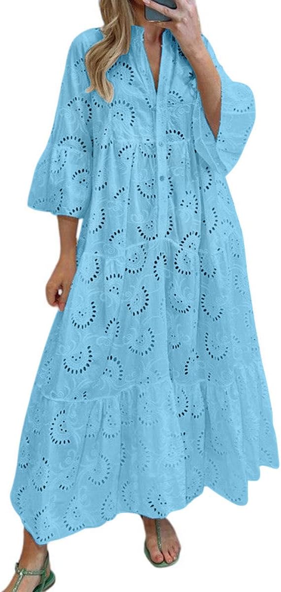 chouyatou Women's 2026 Lace Eyelet Embroidery Maxi Dress V-Neck Trumpet Sleeve Boho Flowy Swing Dress