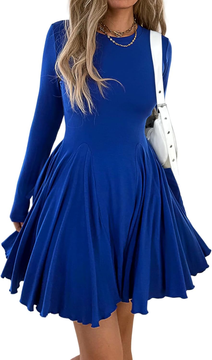 Mieazom Women\u2019s Long Sleeve Casual Swing Dress \u2013 A-Line Fit and Flare Skater Dress, Stretchy Mini Dress for Fall Winter