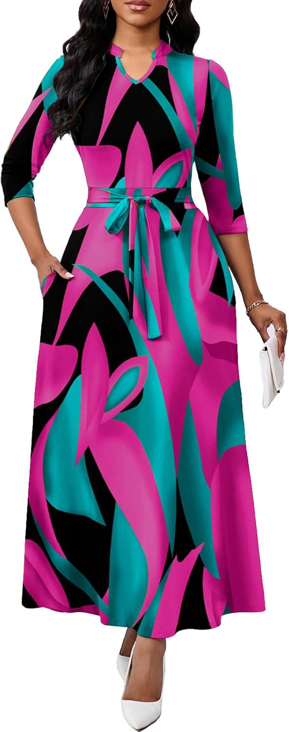 BubFee Maxi Dresses for Women Semi Formal Long Dress 3\/4 Sleeve Casual A-line Church Dresses with Pockets