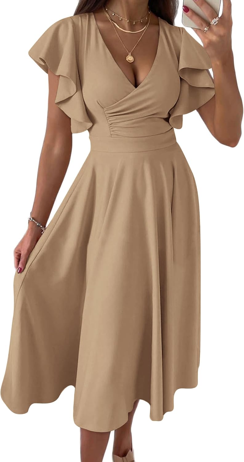 PRETTYGARDEN Women's Wrap V Neck Midi Summer Dresses | Ruffled Flutter Sleeves, Flowy Pleated A Line, High Waist, Elegant Spring Dress for Wedding Guest, Cocktail Party, Date Night