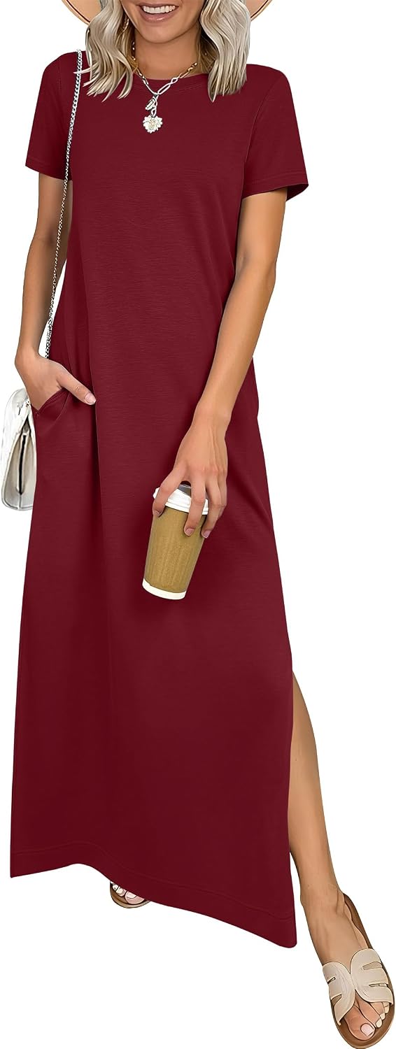 ANRABESS Womens Summer Maxi Dresses Wrinkle Free with Pockets | Air Layer Fabric, Short Sleeve Casual Travel Beach Vacation Long Dress, Crewneck Split, Comfort Work All-Day Wear Sundress