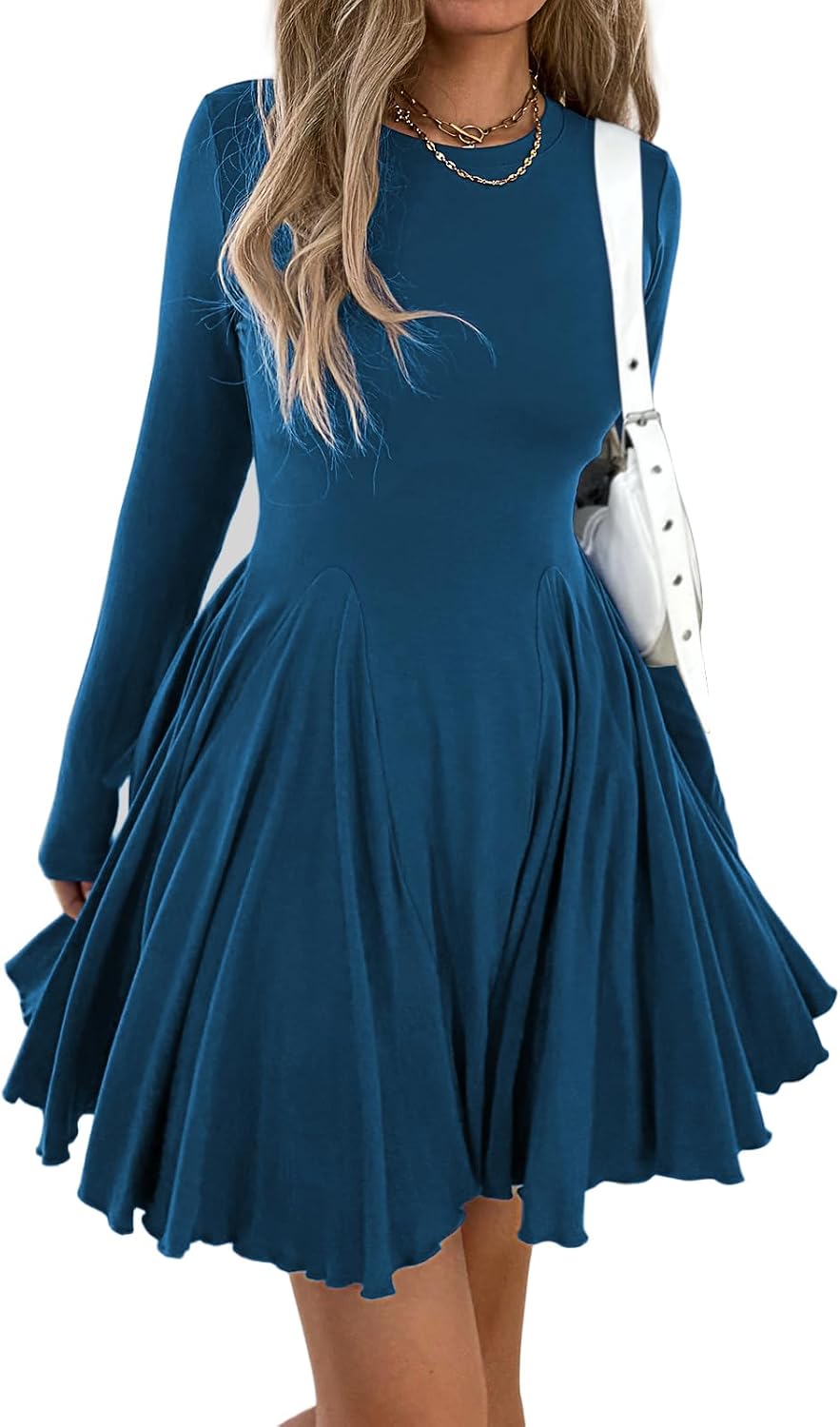 Mieazom Women\u2019s Long Sleeve Casual Swing Dress \u2013 A-Line Fit and Flare Skater Dress, Stretchy Mini Dress for Fall Winter