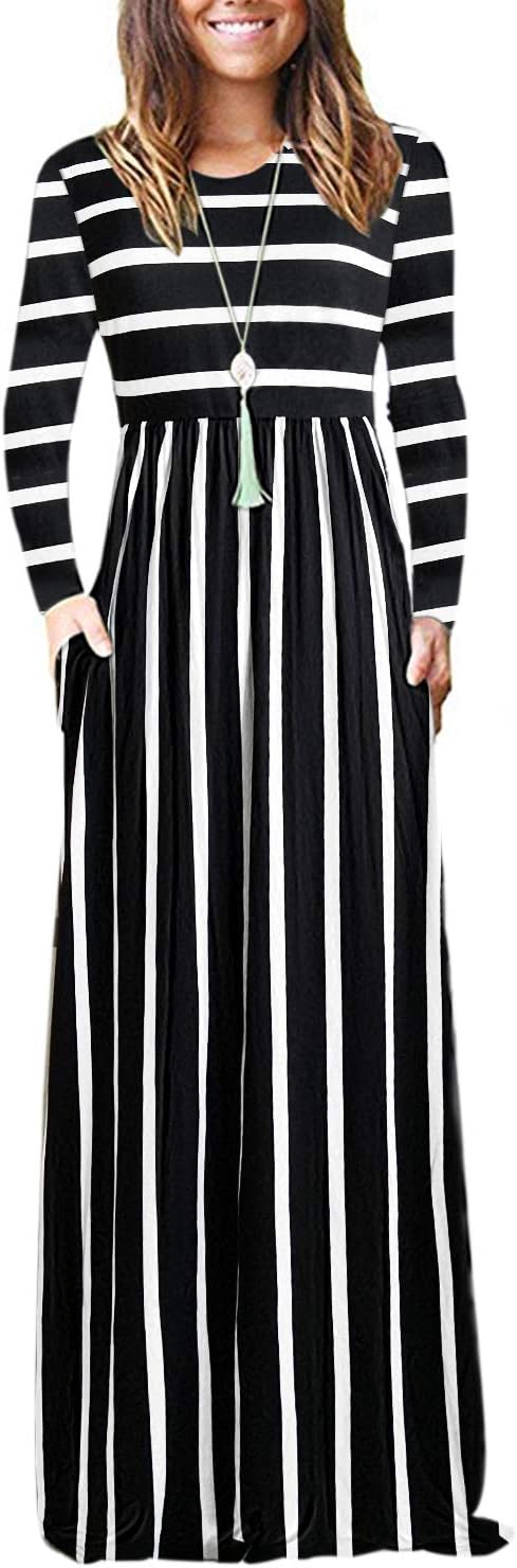 AUSELILY Womens Long Sleeve Maxi Dress Casual Empire Waist with Pockets | Versatile year round long dress for spring, fall, winter, available in floral prints and solids
