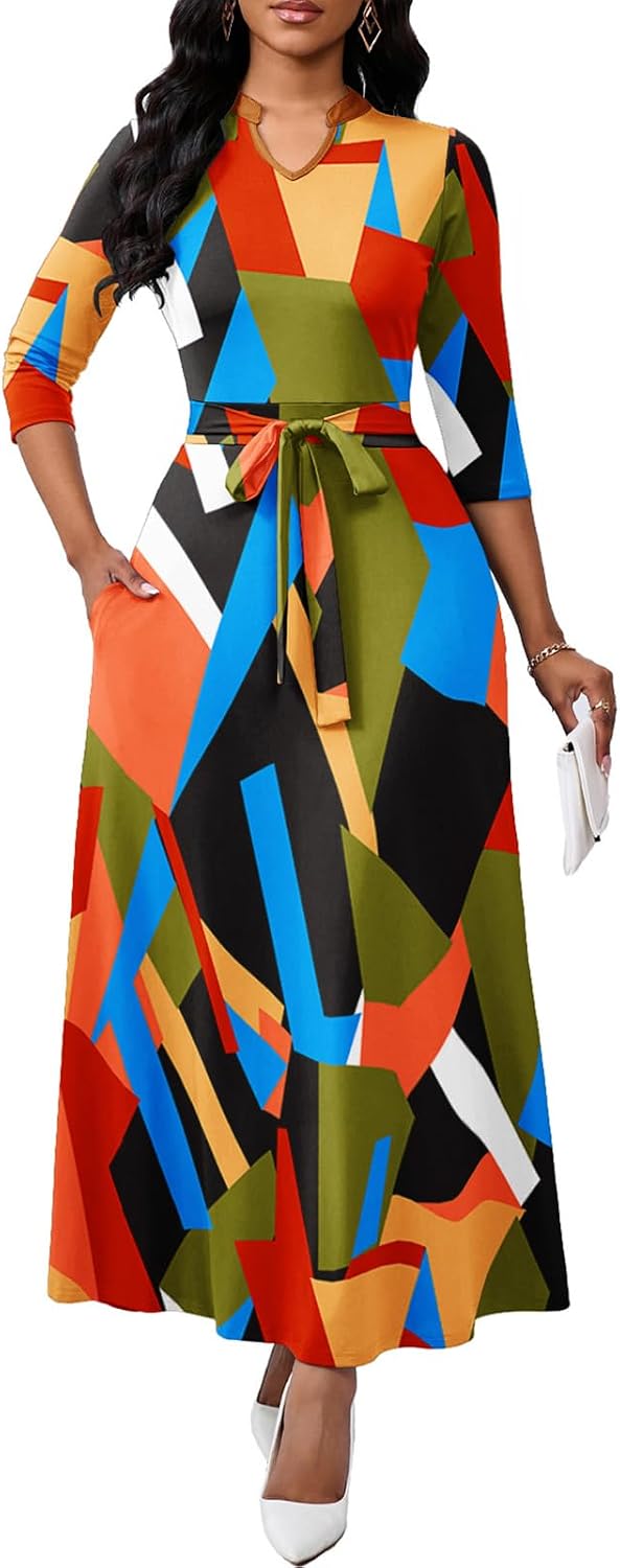 BubFee Maxi Dresses for Women Semi Formal Long Dress 3\/4 Sleeve Casual A-line Church Dresses with Pockets