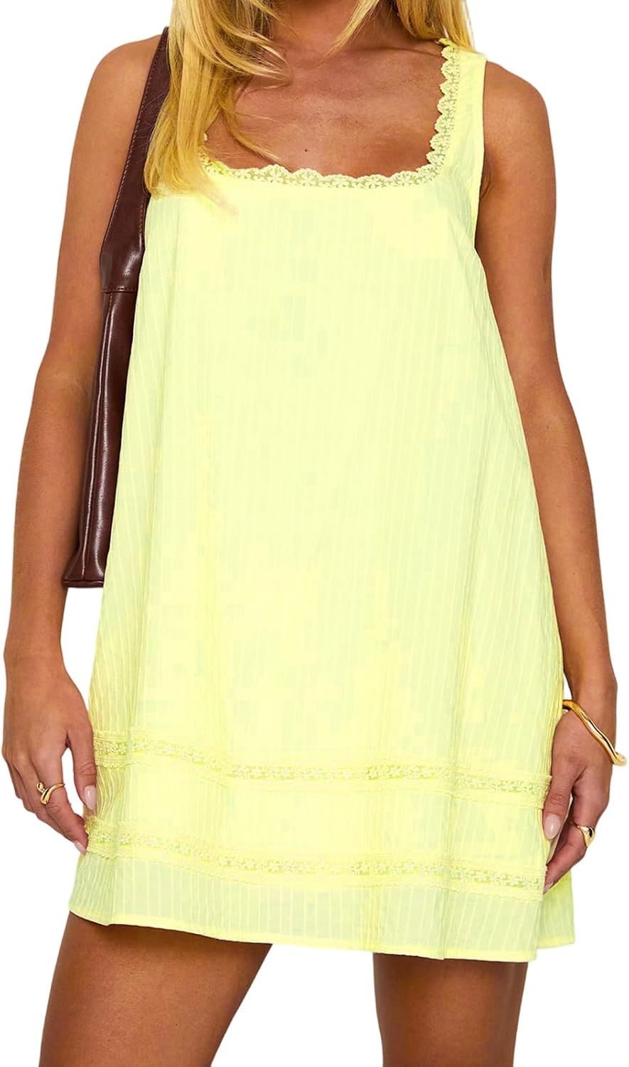 Nlacehan Women's Loose Fit Casual Summer Mini Dress | Sleeveless, Square Neck with Lace Trim, A-Line Flowy Hem, Solid Color Sundress, Beach Vacation Streetwear