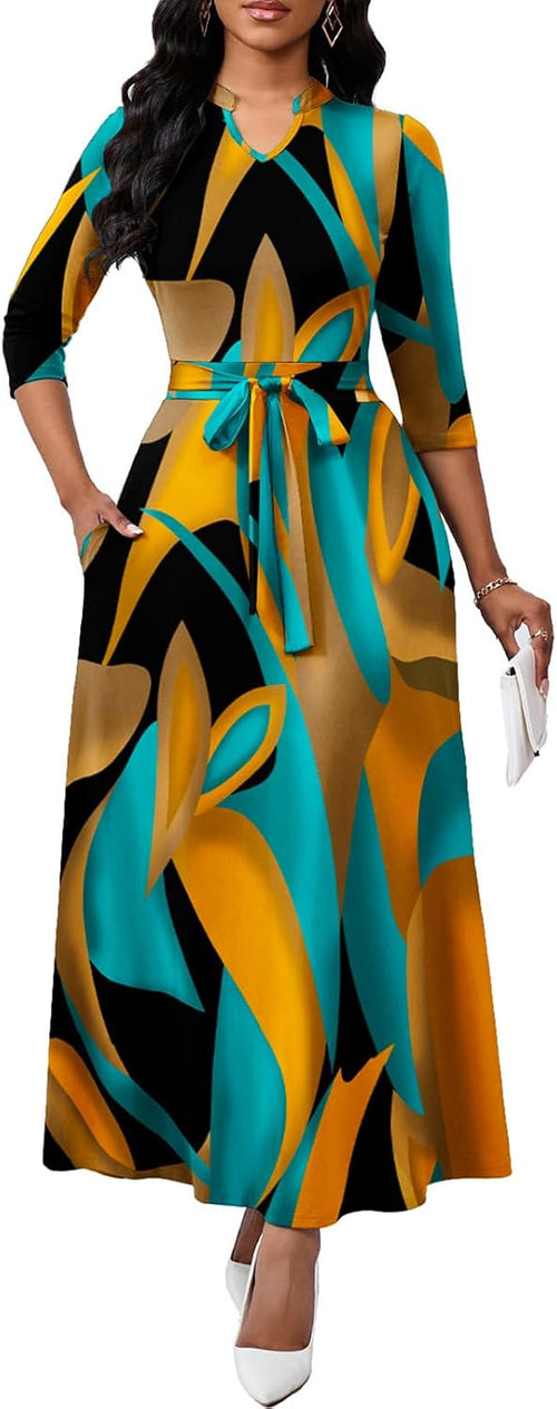 BubFee Maxi Dresses for Women Semi Formal Long Dress 3\/4 Sleeve Casual A-line Church Dresses with Pockets