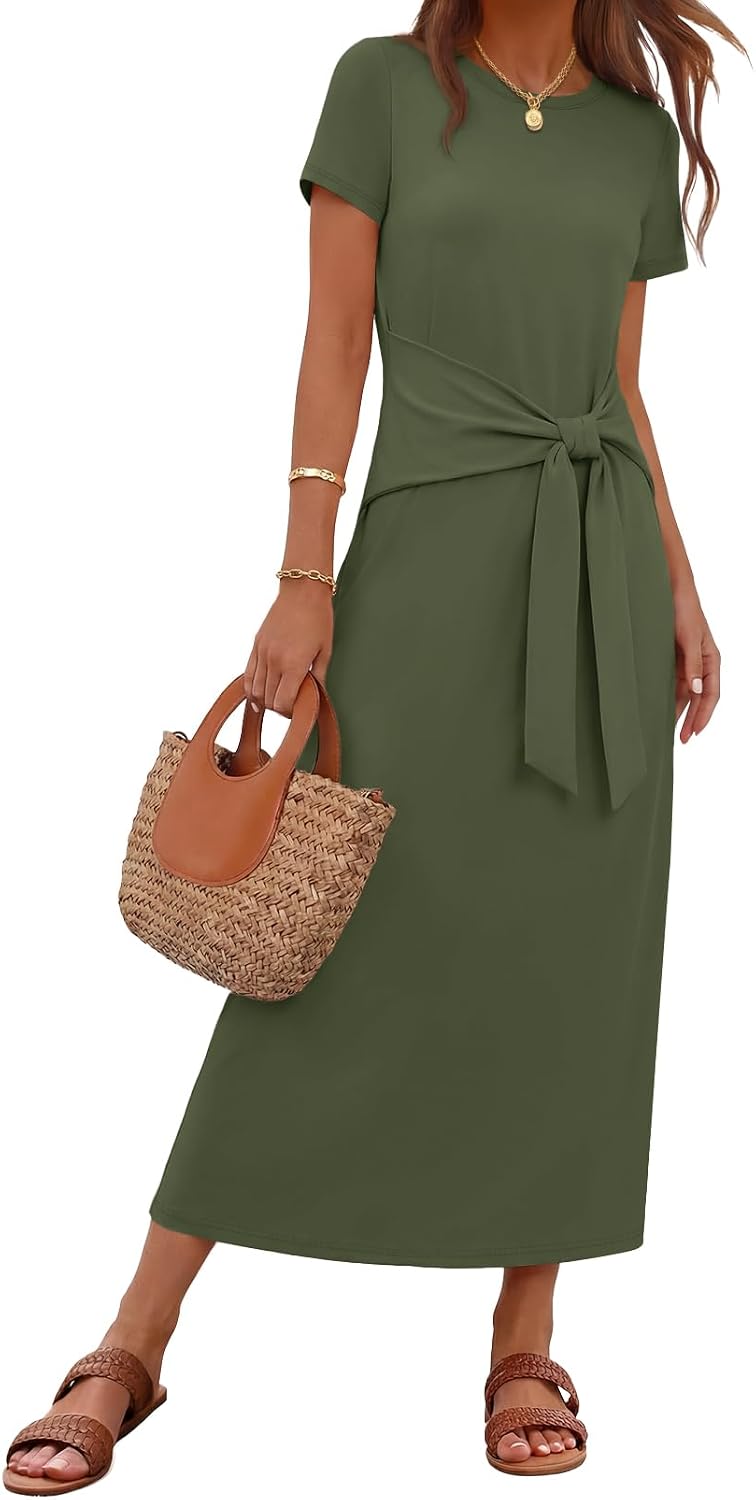 MEROKEETY Women's Summer T Shirt Casual Work Wrap Maxi Dresses | 2026 Fall, Tie Waist, Short Sleeve, Crew Neck, Business Casual, Beach Vacation, Slim Fit, High Waist, Elegant, Long Dress