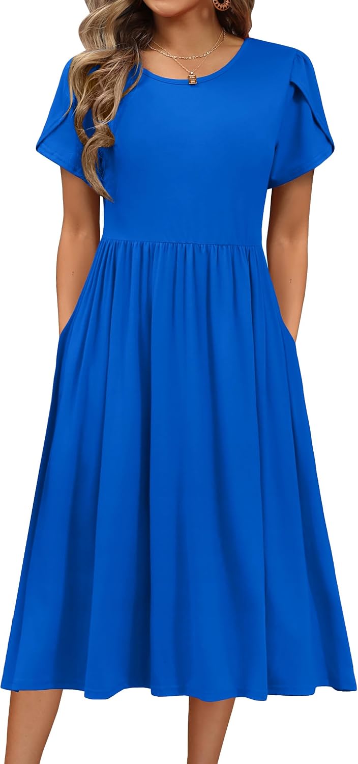 HOTOUCH Women's Summer A-Line Midi Dresses 2026 Casual Floral Short Sleeve T-Shirt Dress Flowy Beach Sundress with Pockets