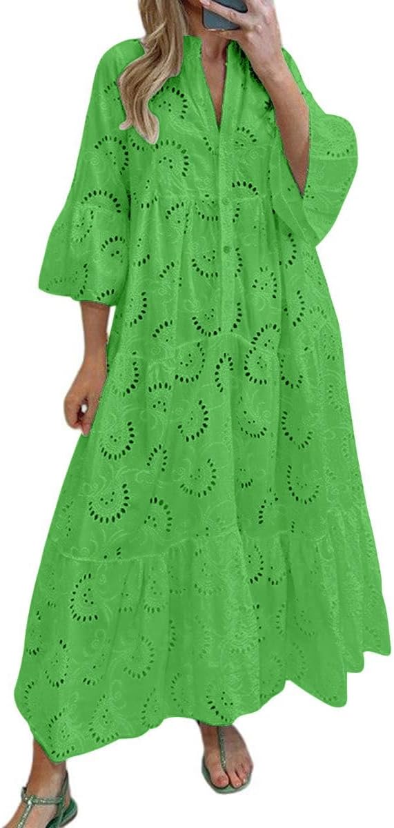 chouyatou Women's 2026 Lace Eyelet Embroidery Maxi Dress V-Neck Trumpet Sleeve Boho Flowy Swing Dress
