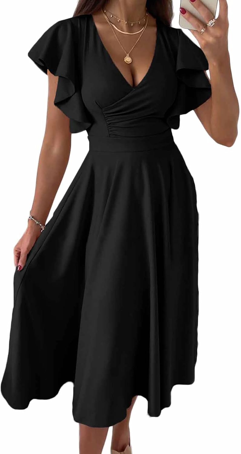 PRETTYGARDEN Women's Wrap V Neck Midi Summer Dresses | Ruffled Flutter Sleeves, Flowy Pleated A Line, High Waist, Elegant Spring Dress for Wedding Guest, Cocktail Party, Date Night
