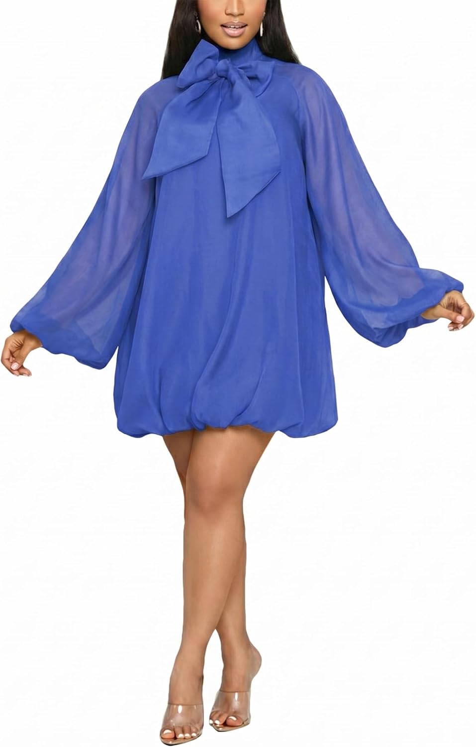 Yanfoam Women's Puff Sleeve Loose Chiffon for Cocktail Mini Dress | Sweetheart Round Neck,Puff Long Sleeve,Mini Dress,Bow Decoration,A-line,Flowy Loose Chiffon for Cocktail Party