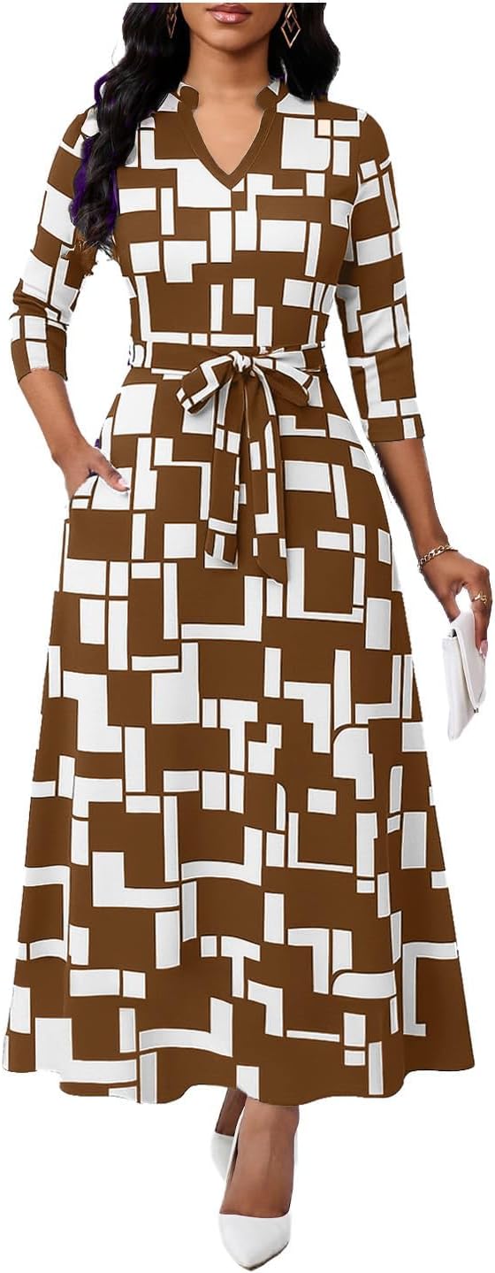 BubFee Maxi Dresses for Women Semi Formal Long Dress 3\/4 Sleeve Casual A-line Church Dresses with Pockets