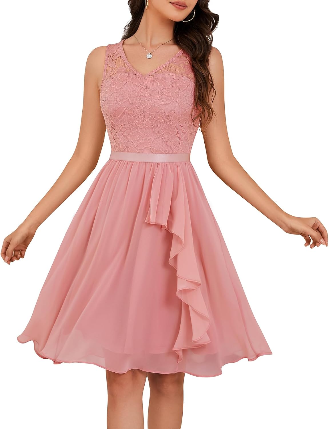 Meetjen Women's Lace Cocktail Party Dresses 2026 Formal Wedding Guest | Handkerchief Hem, V-Neck, Sleeveless, Midi, Fancy, Bridesmaid, Modest, Homecoming Dress