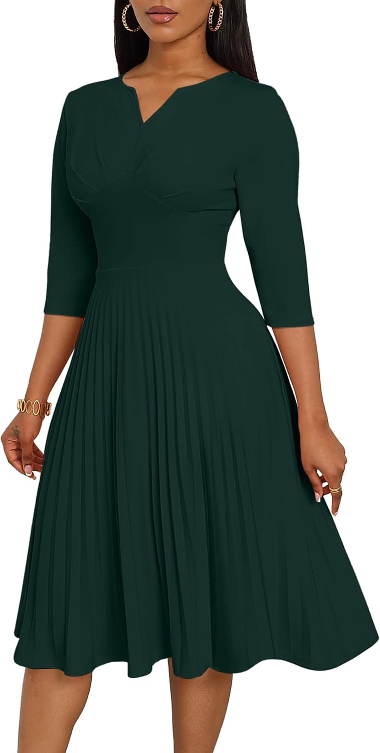 CLOCOR Pleated Midi Dress 3\/4 Sleeve Empire Waist Church Dress with Pockets | V neck back zipper A line fit and flare elegant dress\/ cocktail tea party wedding guest casual bussiness work office dress