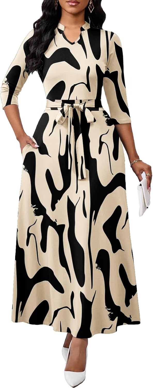 BubFee Maxi Dresses for Women Semi Formal Long Dress 3\/4 Sleeve Casual A-line Church Dresses with Pockets