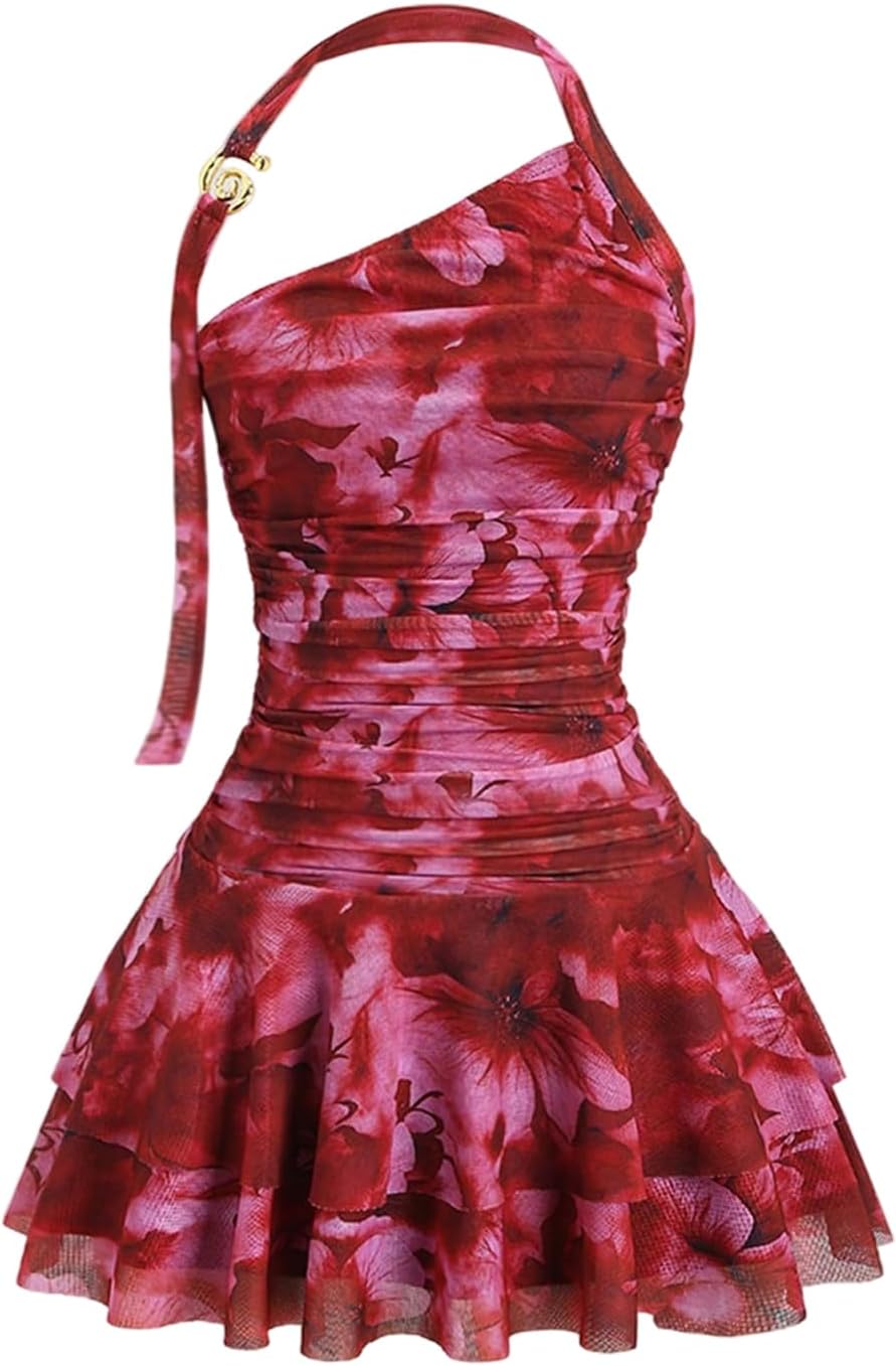 SOLY HUX Women's Hawaiian Halter Mini Dress Beach Birthday Date Outfits | Tropical Floral Print, Backless, Flowy Ruffle Hem, Brunch Picnic Dresses