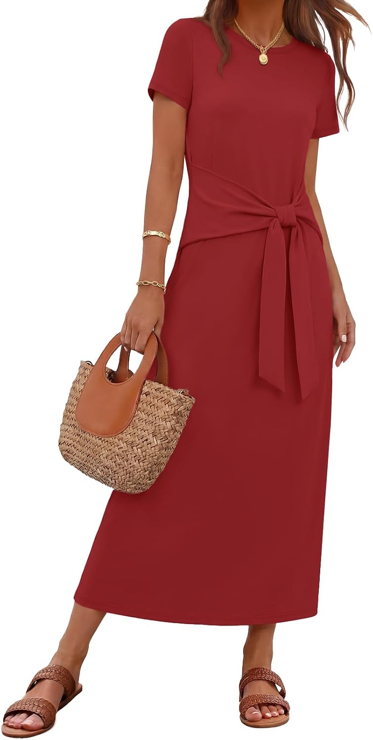 MEROKEETY Women's Summer T Shirt Casual Work Wrap Maxi Dresses | 2026 Fall, Tie Waist, Short Sleeve, Crew Neck, Business Casual, Beach Vacation, Slim Fit, High Waist, Elegant, Long Dress