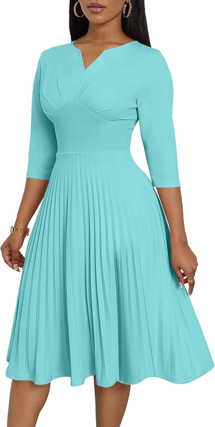 CLOCOR Pleated Midi Dress 3\/4 Sleeve Empire Waist Church Dress with Pockets | V neck back zipper A line fit and flare elegant dress\/ cocktail tea party wedding guest casual bussiness work office dress