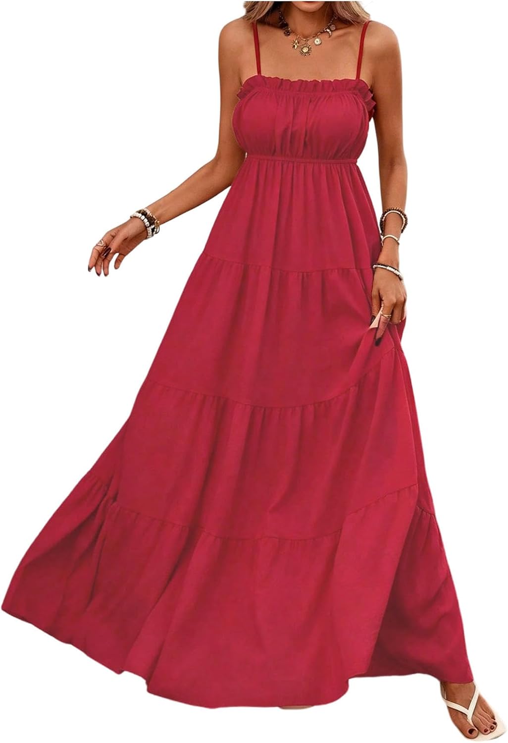 SOLY HUX Women's Summer Long Maxi Dress Flowy Beach Vacation Cami Sundress | Frill Ruffle, Spaghetti Strap, Going Out Dresses