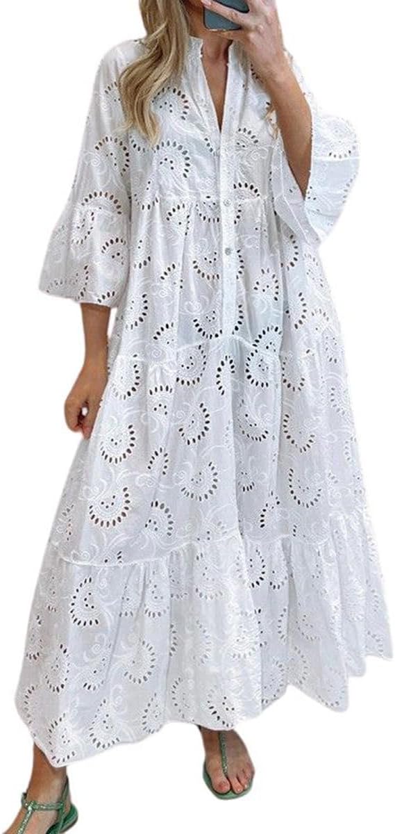 chouyatou Women's 2026 Lace Eyelet Embroidery Maxi Dress V-Neck Trumpet Sleeve Boho Flowy Swing Dress