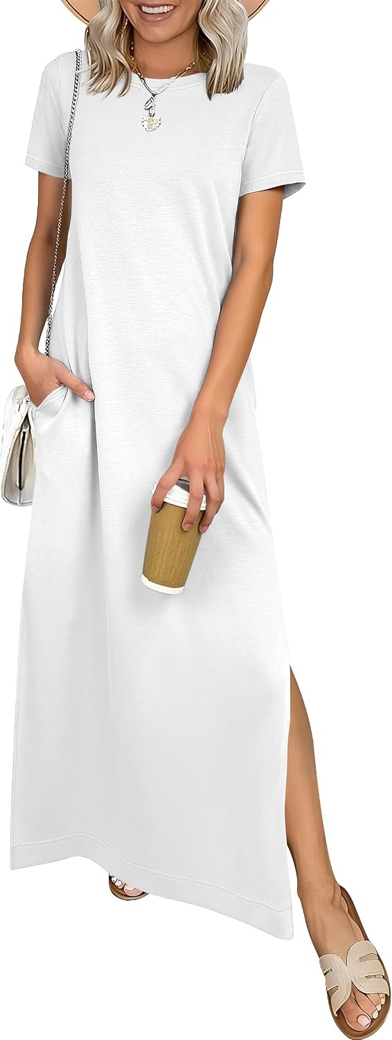 ANRABESS Womens Summer Maxi Dresses Wrinkle Free with Pockets | Air Layer Fabric, Short Sleeve Casual Travel Beach Vacation Long Dress, Crewneck Split, Comfort Work All-Day Wear Sundress