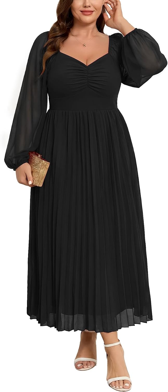 SHESTARR Women's Plus Size Maxi Dress for Wedding Guest Cocktail | Elegant, Long Sleeve, Sweetheart Neckline, Chiffon, Pleated, Smocked, A-Line, Evening Party, Formal Dresses