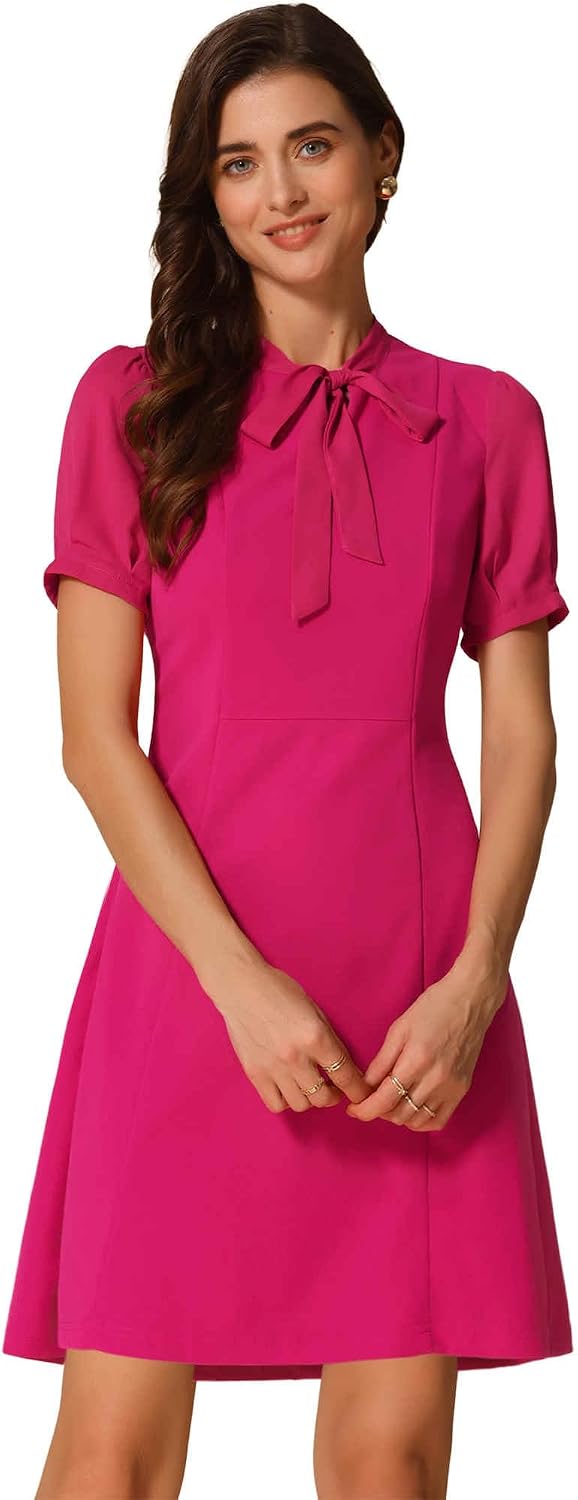 Allegra K Work Dresses for Women's Tie Neck Puff Short Sleeve Dress | Elegant Business Office Dress
