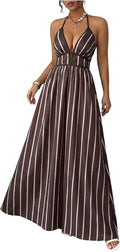 Floerns Women's Striped Halter Maxi Dress Backless Smocked Boho Dress | Striped, Halter Neck, Contrast Trim, Tropical Beach Vacation Outfits, Wedding Guest, Cute Maxi Dress