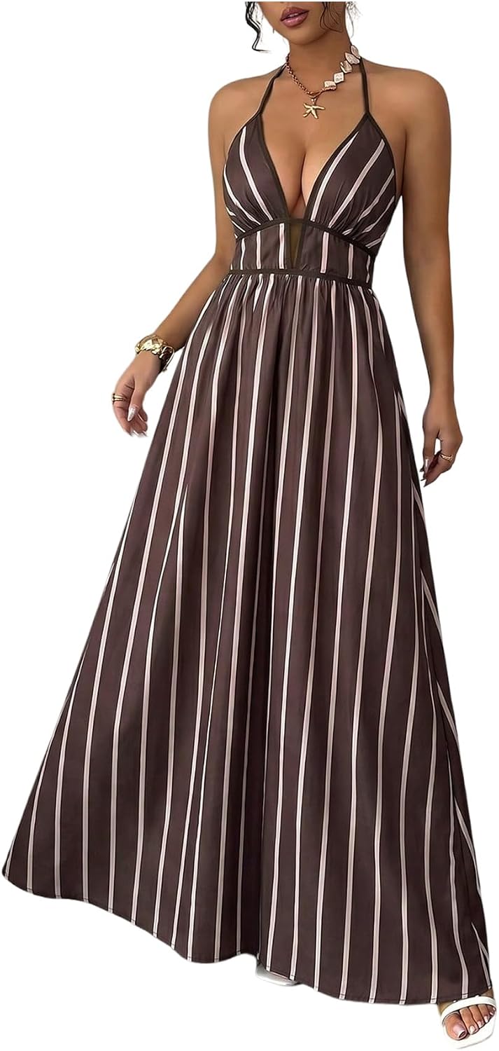 Floerns Women's Striped Halter Maxi Dress Backless Smocked Boho Dress | Striped, Halter Neck, Contrast Trim, Tropical Beach Vacation Outfits, Wedding Guest, Cute Maxi Dress