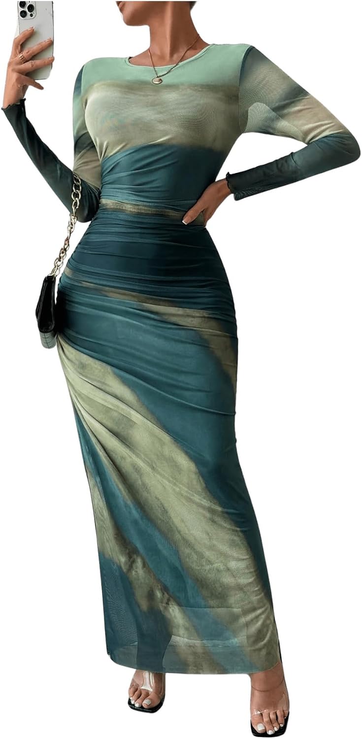BEAUDRM Women's Fall Wedding Guest Dress Long Sleeve Cocktail Date Night Sexy Y2K Bodycon Ruched Mesh Formal Maxi Dresses