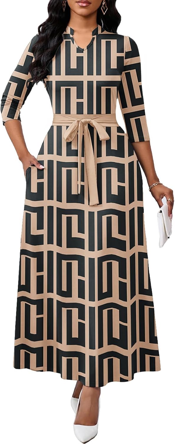 BubFee Maxi Dresses for Women Semi Formal Long Dress 3\/4 Sleeve Casual A-line Church Dresses with Pockets