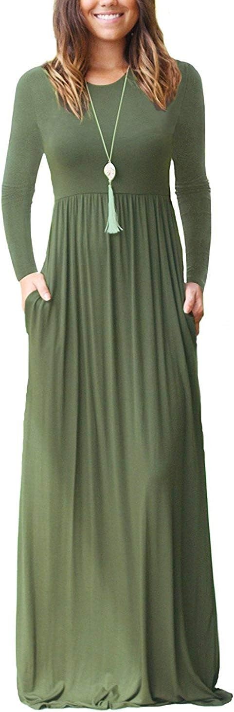 AUSELILY Womens Long Sleeve Maxi Dress Casual Empire Waist with Pockets | Versatile year round long dress for spring, fall, winter, available in floral prints and solids