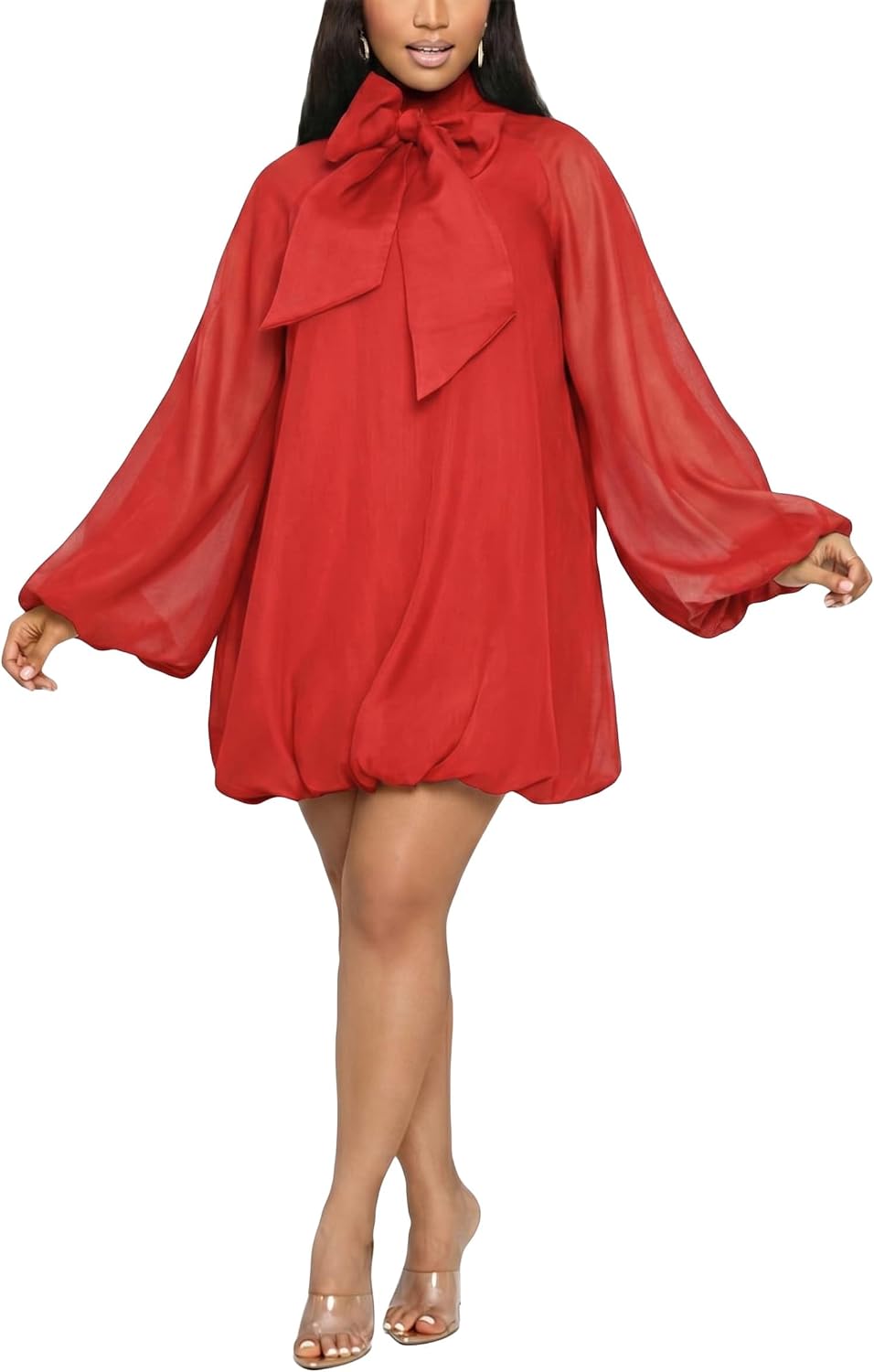 Yanfoam Women's Puff Sleeve Loose Chiffon for Cocktail Mini Dress | Sweetheart Round Neck,Puff Long Sleeve,Mini Dress,Bow Decoration,A-line,Flowy Loose Chiffon for Cocktail Party