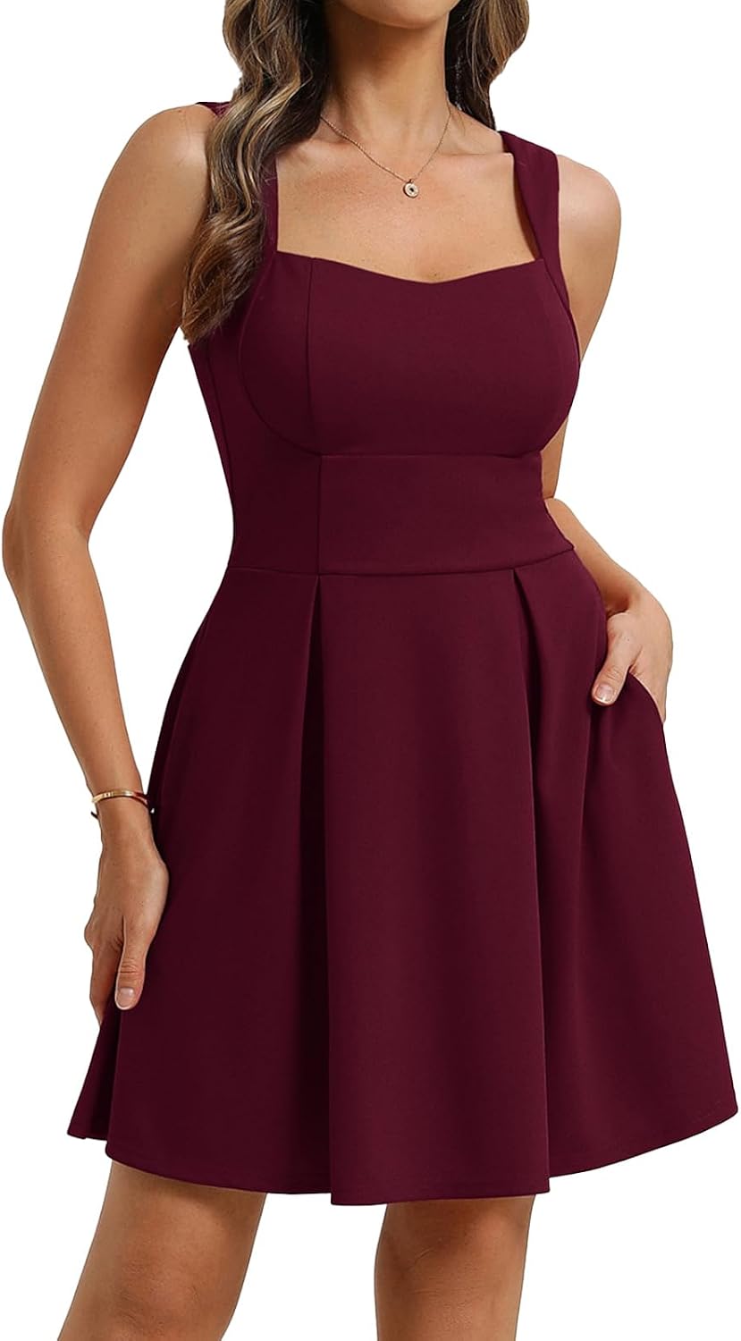 Belle Poque Women's Square Neck A Line Mini Dress with Pockets | Short Cocktail Homecoming Dresses, Semi Formal, Sleeveless, Adjustable Straps, Party, Club, Hoco, Grad, Graduation Dress