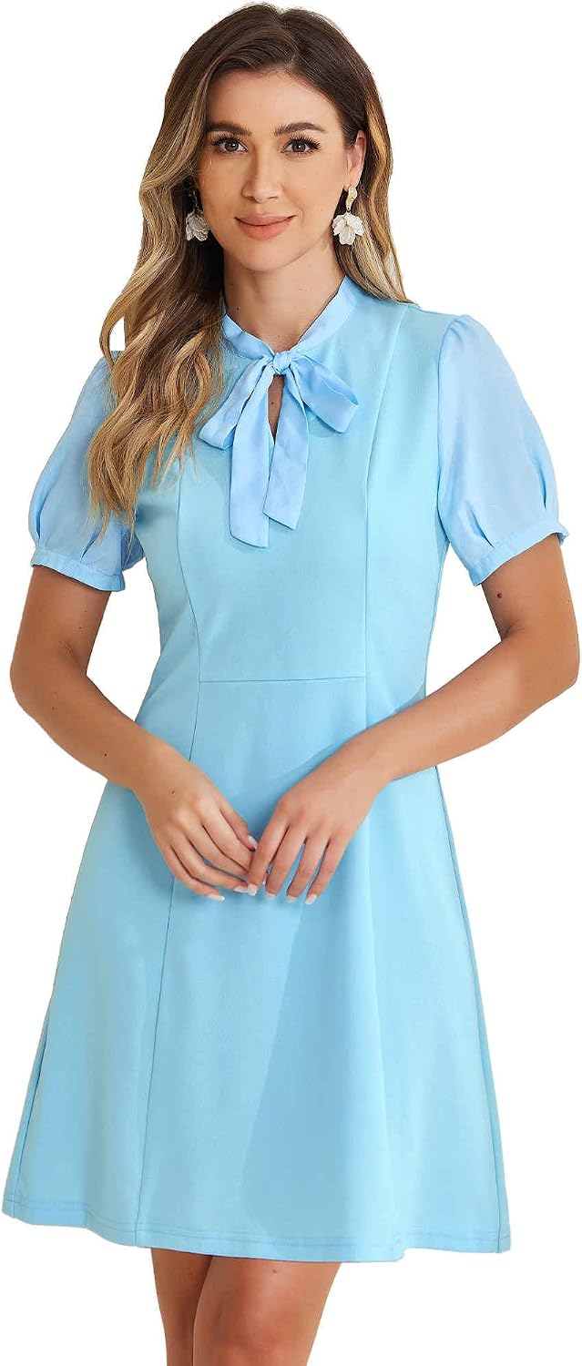 Allegra K Work Dresses for Women's Tie Neck Puff Short Sleeve Dress | Elegant Business Office Dress