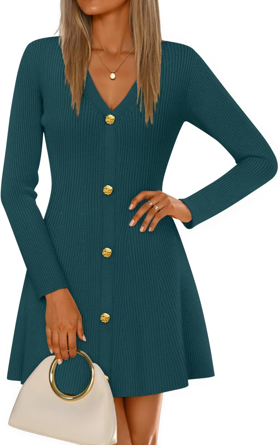 ZESICA Women's Fall Winter Long Sleeve V Neck Sweater Mini Dress | A Line Swing, Soft Ribbed Knit, Deco Button, Cocktail Party Short Dresses, Casual, Work, Office Outfits, Elegant Classy